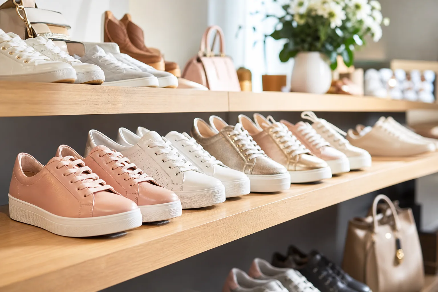 női cipők sorakoznak egy stílusos butik polcain, háttérben divatos kiegészítőkkel