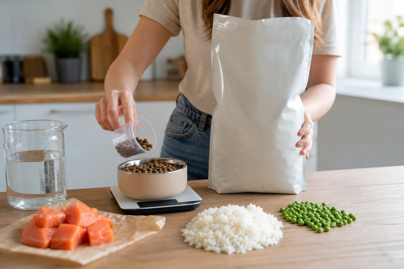 Konyhapulton egy gazdi kézben tart egy felirat nélküli kutyatápos zacskót, mellette digitális konyhai mérleg, mérőpohár, kis tálba kimért tápszemek, valamint külön kupacokban lazac, rizs és borsó látható; a gazdi a mérőpohárral adagol.