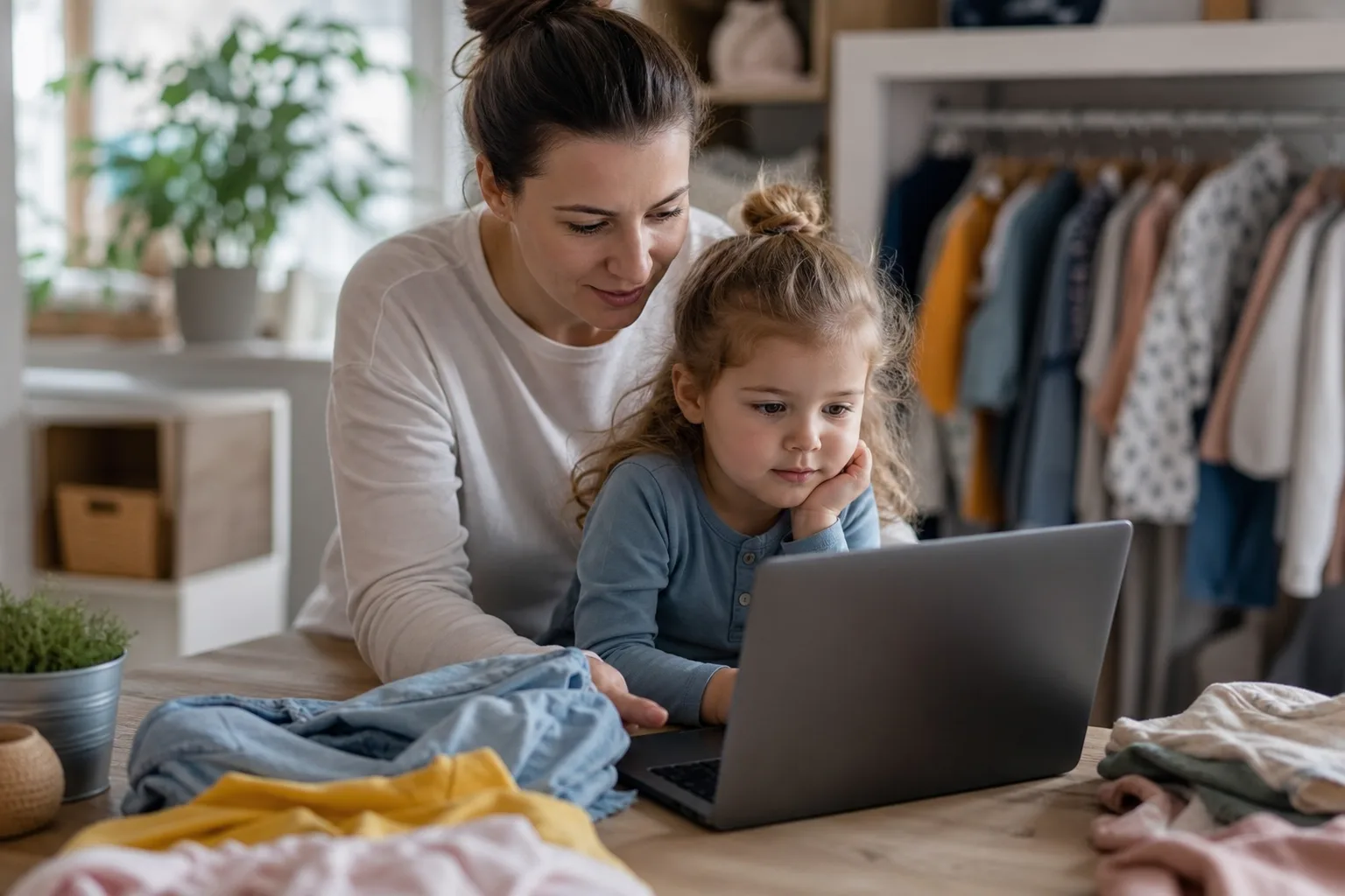 anya és gyermeke laptop előtt ülnek, online vásárolnak gyerekruhát