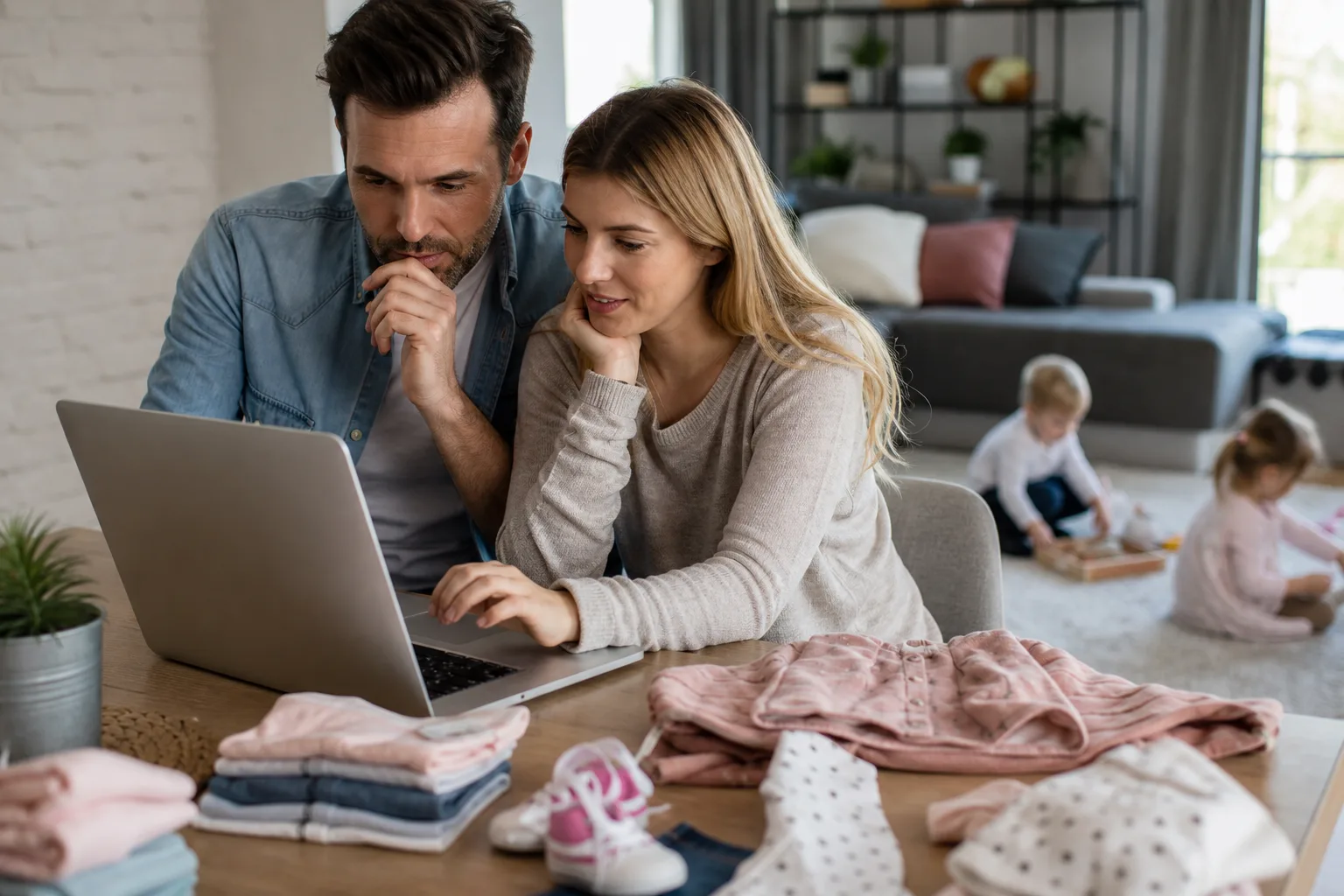 szülők laptop előtt ülnek, online vásárolnak gyerekruhát, gyerekek játszanak a háttérben
