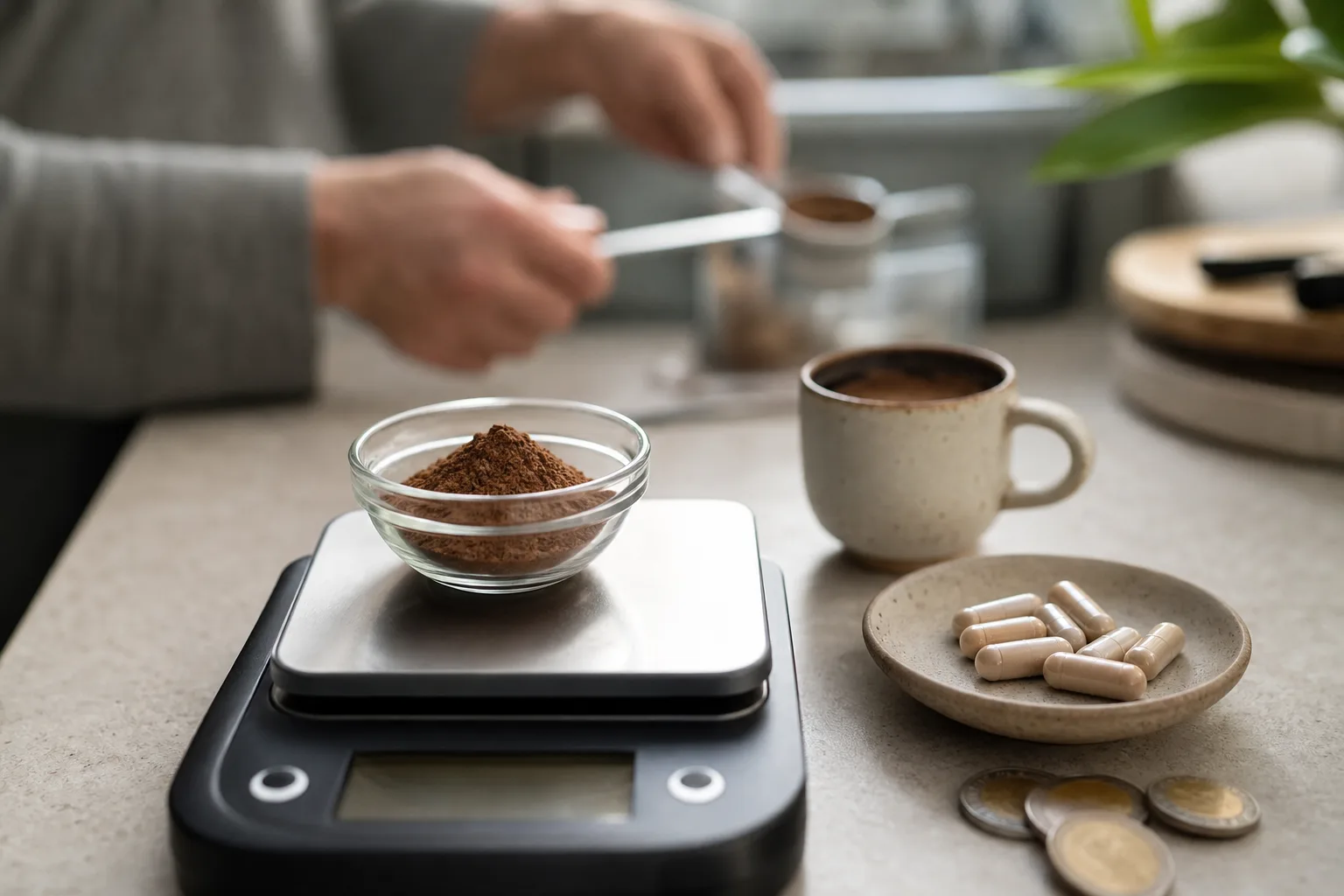 Közeli felvétel egy digitális konyhai mérlegről, rajta kis üvegtálban ganoderma por, mellette kimért kapszulák, egy eszpresszós csésze és néhány pénzérme egy tiszta konyhapulton, a háttérben homályosan egy mérőkanál használat közben.