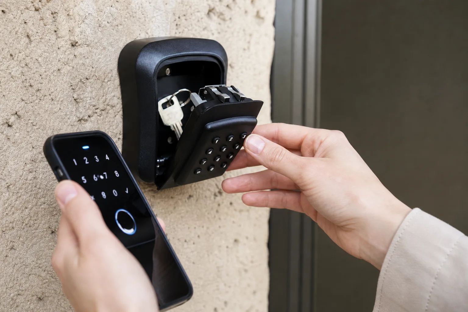 Közeli fotó egy kültéri falra rögzített, időjárásálló okos kulcsszéfről: egy kéz a telefonját tartja a széf mellett, a másik kéz épp kinyitja a lehajtható fedelű kulcstartó rekeszt, benne egy lakáskulccsal.