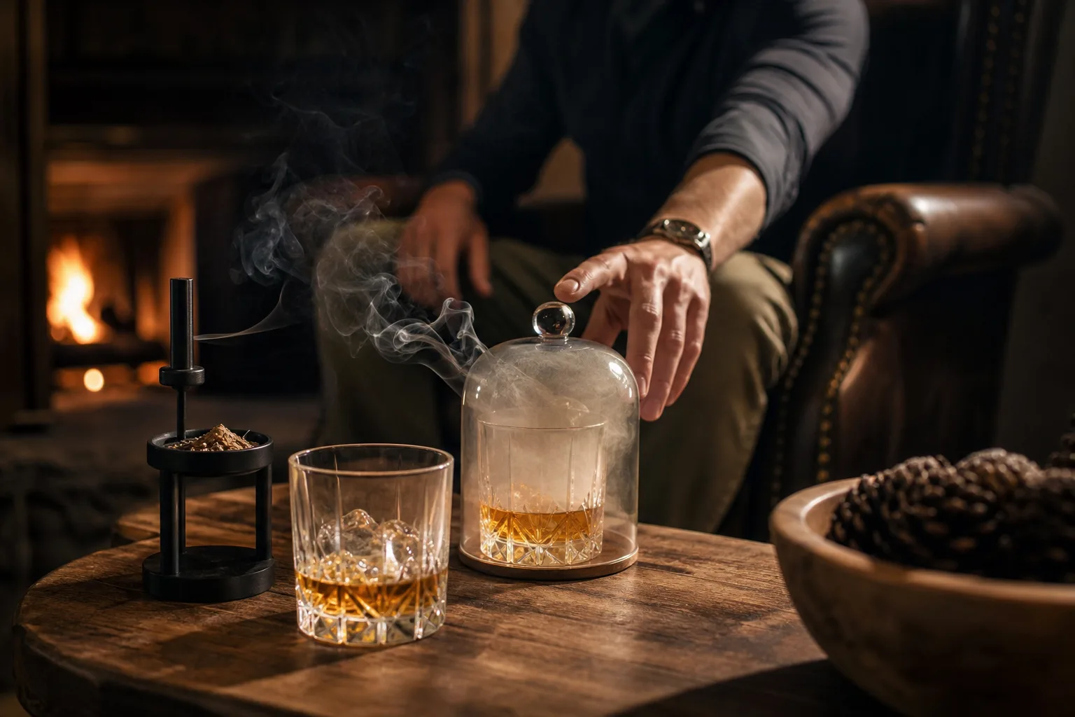 Esti nappaliban, dohányzóasztalon két alacsony whiskeyspohár áll jégkockával, mellettük kis asztali füstölőből vékony füst áramlik az egyik pohárra tett üvegbúra alá; a háttérben égő kandalló és egy fotelben ülő ember keze nyúl a pohár felé.