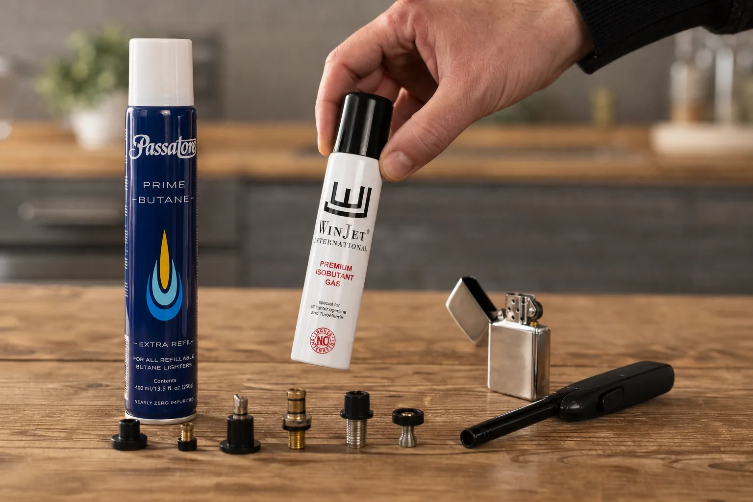 Konyhai faasztalon egy kéz egy jelöletlen, fém utántöltő gázpalackot emel fel több különböző szelep-adapter közül, mellette nyitott fedelű fém öngyújtó és egy vékony szúrólángos öngyújtó fekszik.