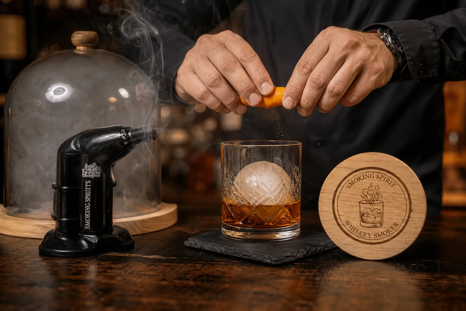 Sötét fa bárpulton egy alacsony talpas whiskeyspohár jéggömbbel és borostyánszínű itallal áll, mellette kézi füstölőpisztolyból vékony füst áramlik egy üvegbúra alá, miközben egy csapos narancshéjat csavar a pohár fölé.