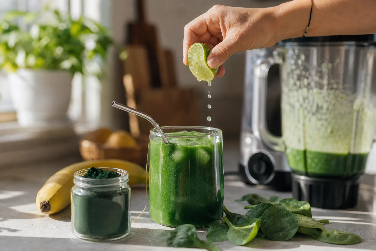 Napfényes konyhapulton egy üvegpohárban élénkzöld spirulina turmix áll jégkockákkal és fém szívószállal, mellette nyitott spirulina poros üveg címke nélkül, banán, spenótlevelek és egy félig megtöltött turmixgép; egy kéz éppen friss lime-ot facsar a pohár fölé.