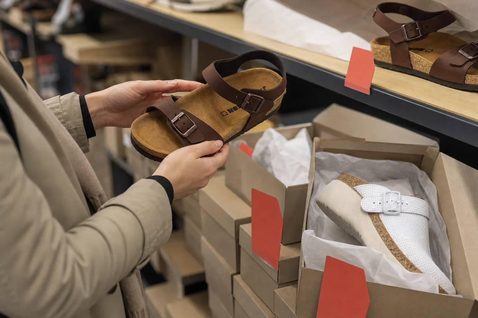 Outlet cipőüzlet polcsora előtt egy vásárló három pár márkajelzés nélküli bőr sneaker közül emel ki egyet, mellette nyitott cipősdobozok és egyszínű, felirat nélküli akciós címkék látszanak.