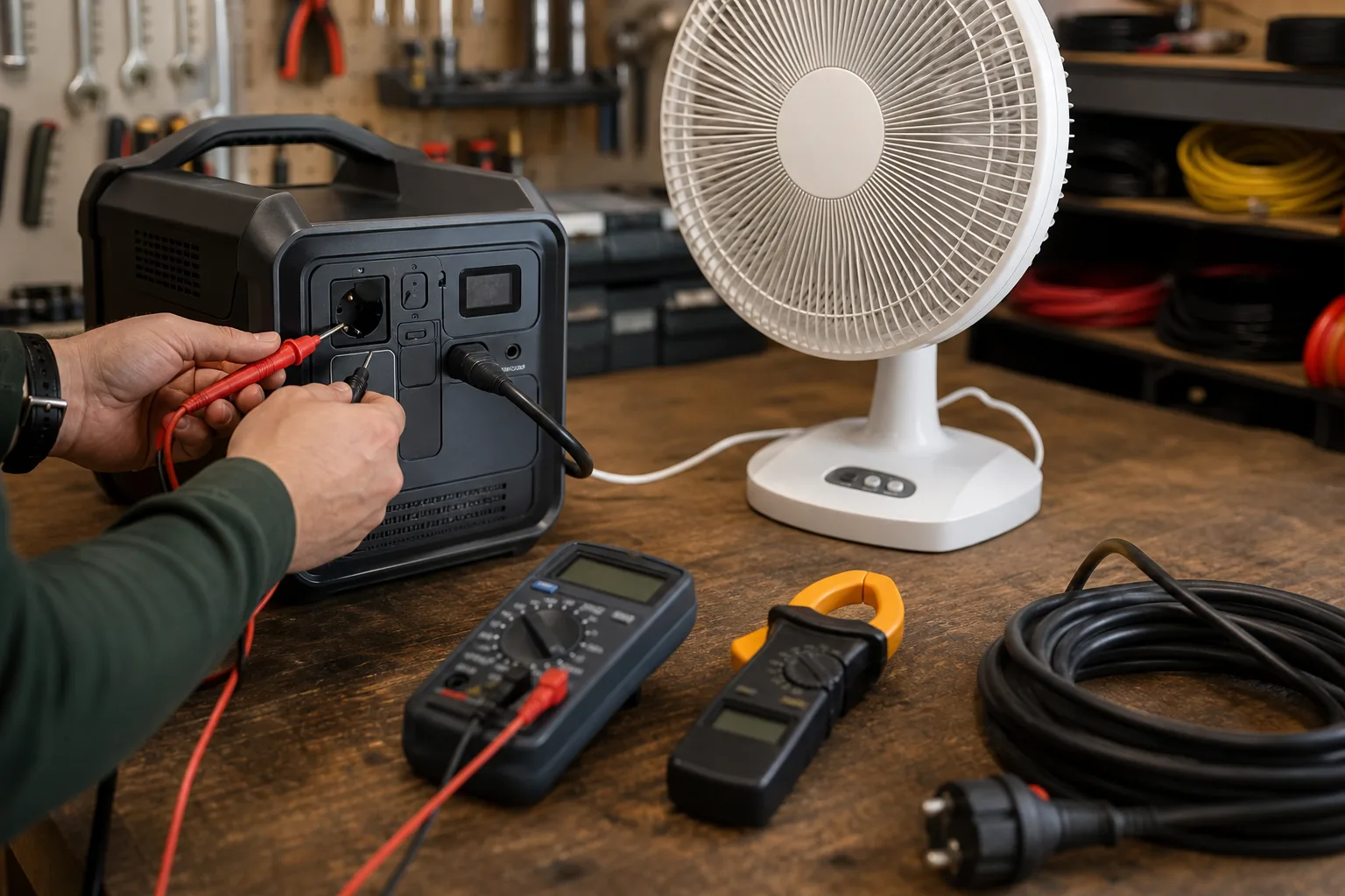 Munkapadon digitális multiméter, lakatfogó és vastag hálózati kábel mellett egy kis hordozható áramforrás működtet egy asztali ventilátort; a fotón egy kéz a mérőcsúcsokat a csatlakozóhoz érinti, a háttérben rendezett szerszámok és tartalék kábelek látszanak.