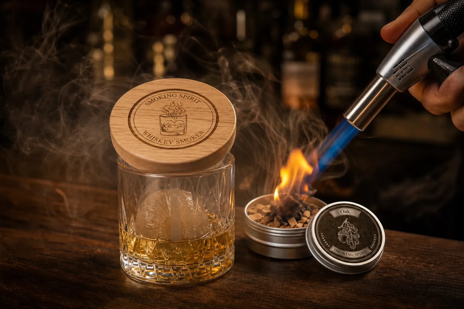 Sötét diófa bárpulton egy vastag falú, jéggömbös whiskey pohár áll, a tetején fa füstölő fedéllel; mellette kézi konyhai flambírozó és kis tálban tölgyfaforgács, miközben egy kéz éppen lánggal melegíti a forgácsot, és sűrű füst kúszik be a pohárba.