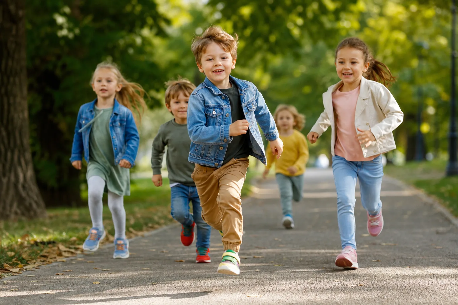 gyerekek színes cipőkben szaladgálnak, parkos környezetben