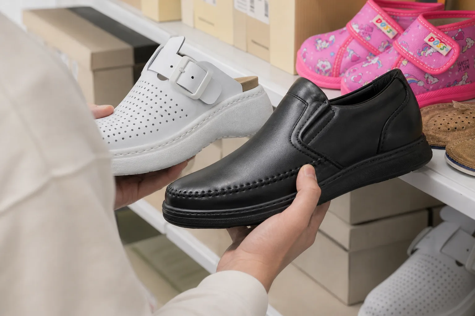 Outlet cipősor előtt egy vásárló két logó nélküli, prémium anyagú cipőt tart kézben: az egyik fehér bőrsneaker, a másik fekete bőr félcipő; a polcon körülöttük dobozok és több pár cipő látszik, a vásárló a varrást és a talp illesztését vizsgálja közelről.