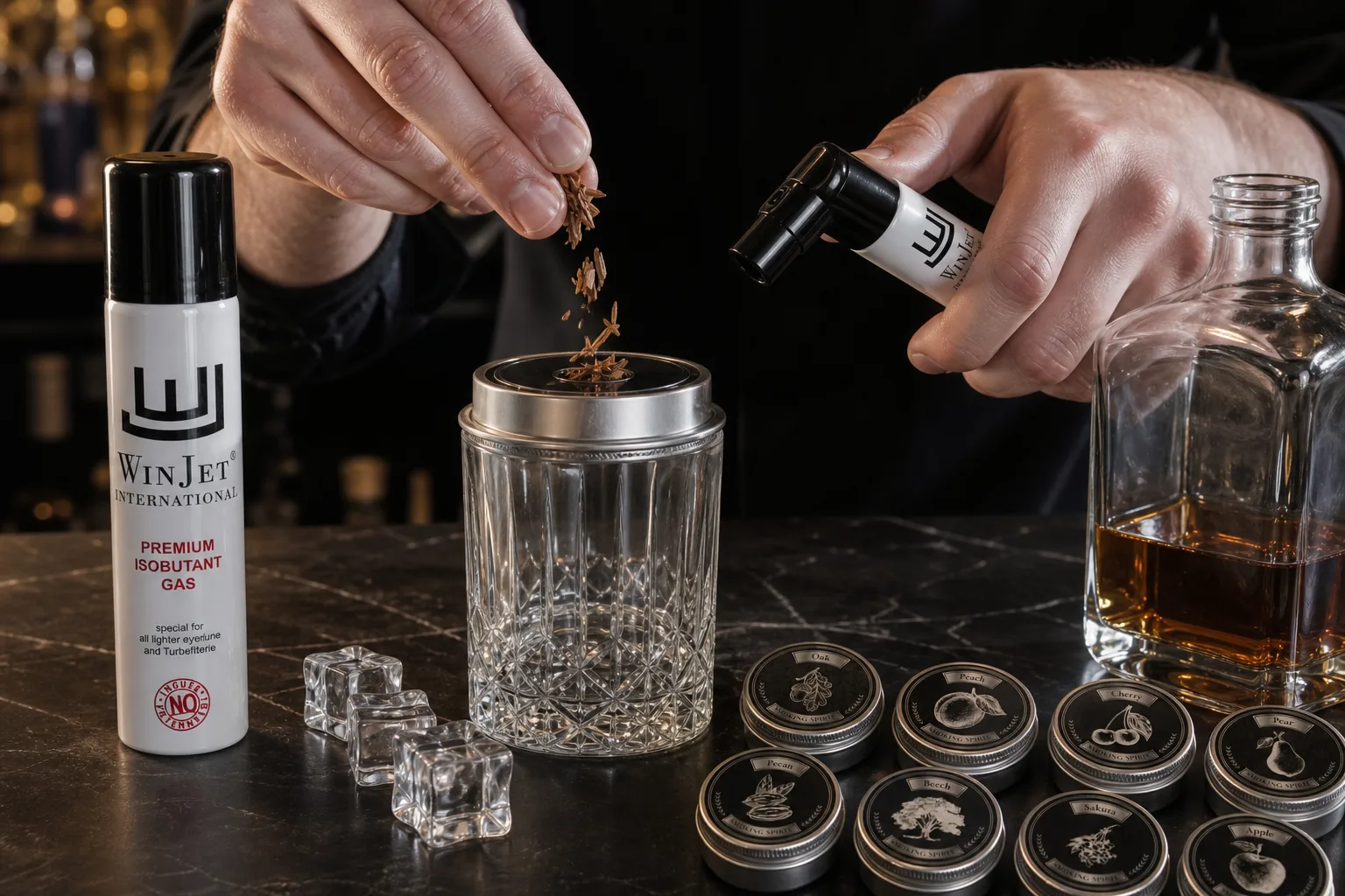 Bárpulton frissen kitisztított whiskey füstölő ül egy vastag falú pohár tetején, mellette jégkockák és whiskeys üveg címke nélkül; egy kéz kevés faforgácsot szór a tiszta égőkamrába, a másik kéz gázégőt tart készenlétben, a pohár belseje átlátszó és foltmentes.