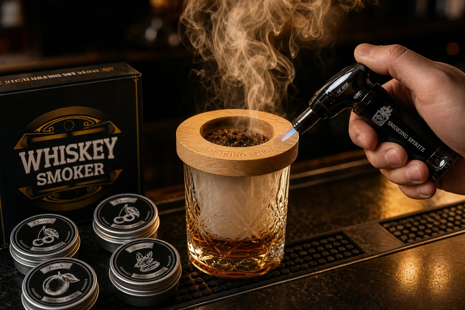 Bárpulton álló whiskey-s pohár tetején fafüstölő fedél, benne parázsló forgács; egy kéz szúrólángos öngyújtóval egyenletesen körbejárva hevíti a forgácsot, miközben sűrű füst ereszkedik a pohárba.