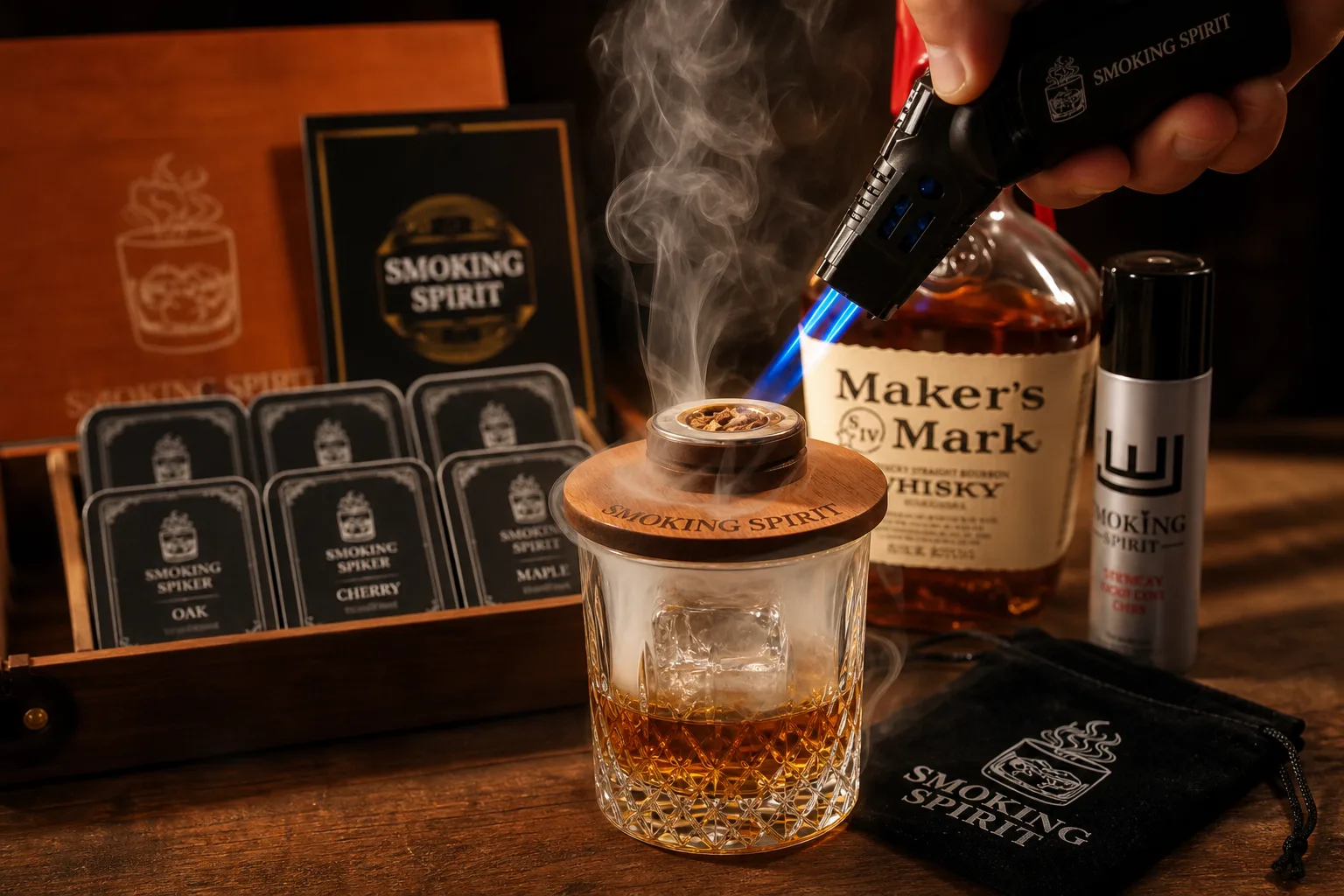 Közeli felvételen egy alacsony whiskey pohárba borostyánszínű italt öntenek nagy jégkockára, majd a pohárra fa füstölőkorong kerül; egy kéz parázsló faforgácsot gyújt meg kézi lángszóróval, miközben a füst a korong nyílásán át lassan leereszkedik az ital fölé.