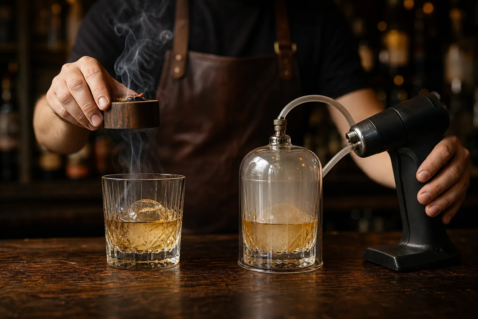 Sötét diófa bárpulton két egymás mellé tett pohár whiskey jéggömbbel: bal oldalon a pohár tetején fa whiskey füstölő korong izzó faforgáccsal és vékony füstoszloppal, jobb oldalon kézi füstpisztoly szilikoncsővel egy üvegbúra alá vezetve, a pultos keze éppen a füstölő korongot emeli a pohár fölé.