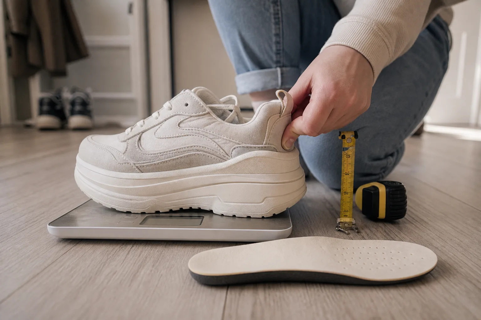 Otthoni előszobában egy platform sneaker áll egy digitális konyhai mérlegen, mellette mérőszalaggal lemért talpmagasság és egy kivehető talpbetét, a háttérben a tulajdonos kézzel benyomja a sarokrészt a puhaság ellenőrzéséhez.