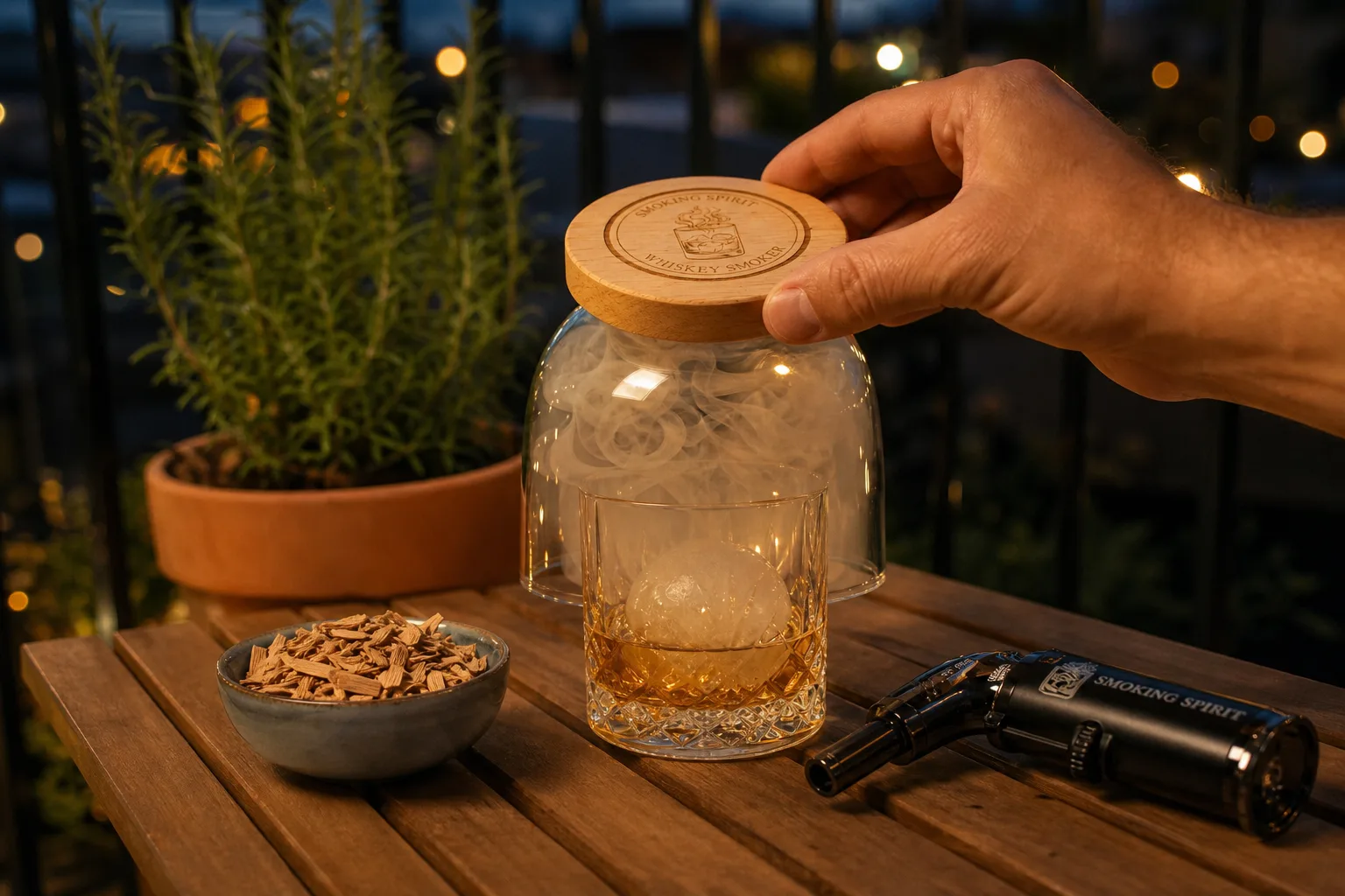 Fa teraszasztalon vastag talpú whiskeyspohár jéggömbbel és borostyánszín itallal, mellette üvegbúrás füstölőfedél, tölgyfaforgács kis kerámiatálban és kézi szakácsfáklya; a háttérben balkonkorlát, cserepes rozmaring és esti fények, egy kéz éppen a pohár tetejére illeszti a füstölőfedélt.