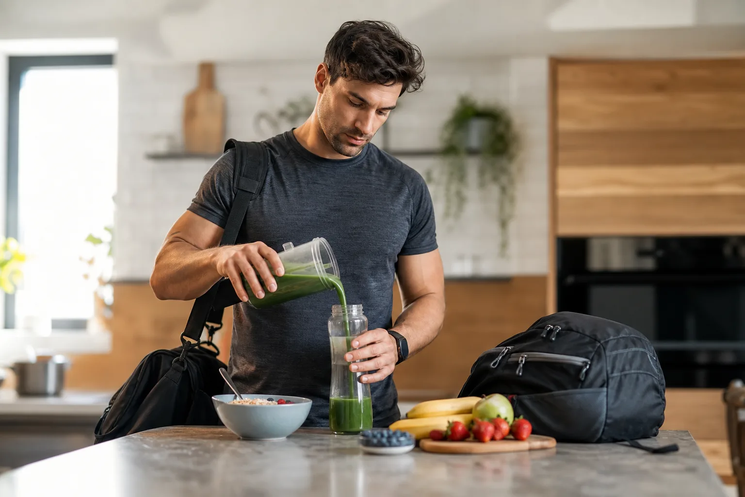 Reggeli készülődés közben egy sporttáskás ember a konyhaszigetnél zöld spirulinás turmixot tölt átlátszó kulacsba; mellette zabkása, gyümölcsök és egy becipzározásra váró hátizsák vannak.