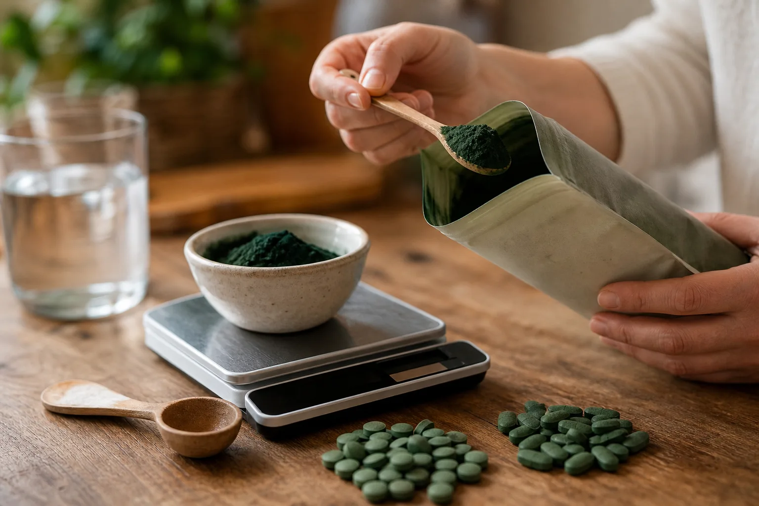 Fa konyhaasztalon konyhai mérleg, mérőkanál, kis kerámiatálban spirulina-por és külön kupacokba rendezett spirulina-tabletták látszanak; egy kéz éppen a port kanalazza ki egy jelöletlen tasakból.