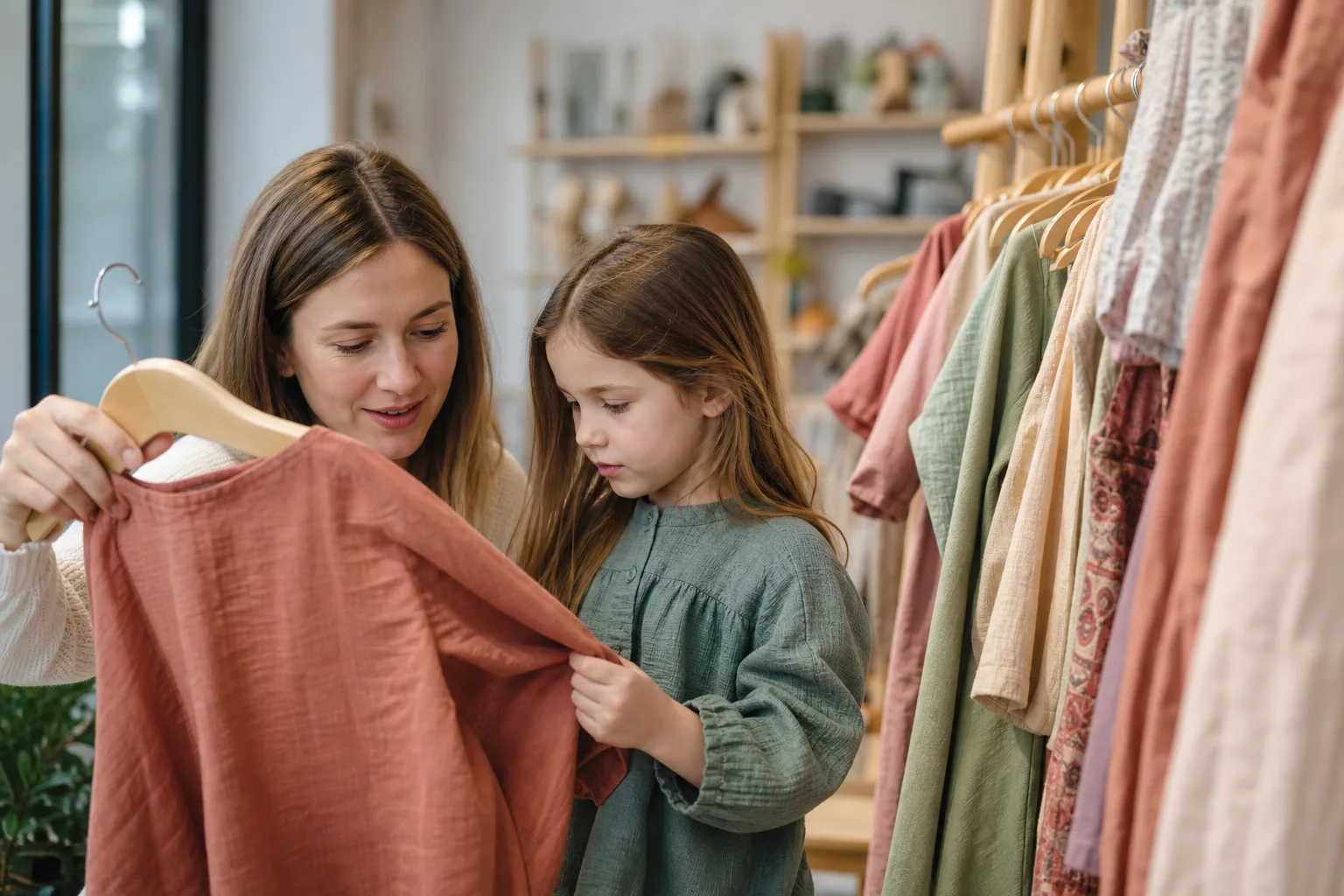 szülő és gyermek válogat ruhákat egy butikban, színes organikus anyagokkal