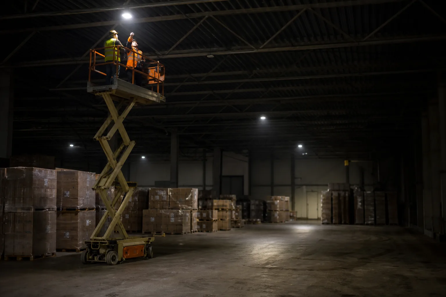 Egy félhomályos raktárcsarnokban két munkás ollós emelőkosárból egy túl ritkán elhelyezett LED csarnoklámpát vizsgál, a betonpadlón jól látszanak a sötét foltok és az egyenetlen fénycsíkok a raklapok között.