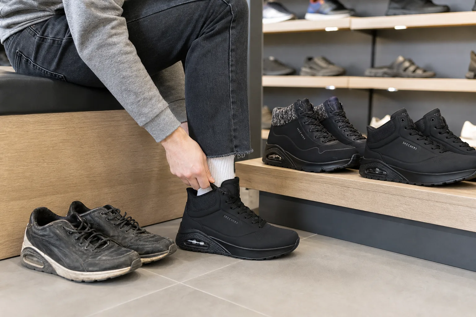 Outlet cipőbolt próbapadján egy vásárló logó nélküli bőr sportcipőt húz a lábára, mellette a saját kopott cipője és két másik pár sorakozik doboz nélkül a polcon, a háttérben cipősorok látszanak feliratok nélkül.