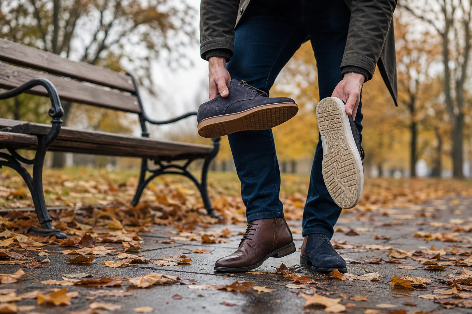 Egy férfi egy park padja mellett áll nedves, lehullott barna leveleken, egyik lábán bőr bokacipő, másik kezében velúr derby cipő és gumitalpú sneaker, miközben a cipők talpát összehasonlítja az őszi járdán.
