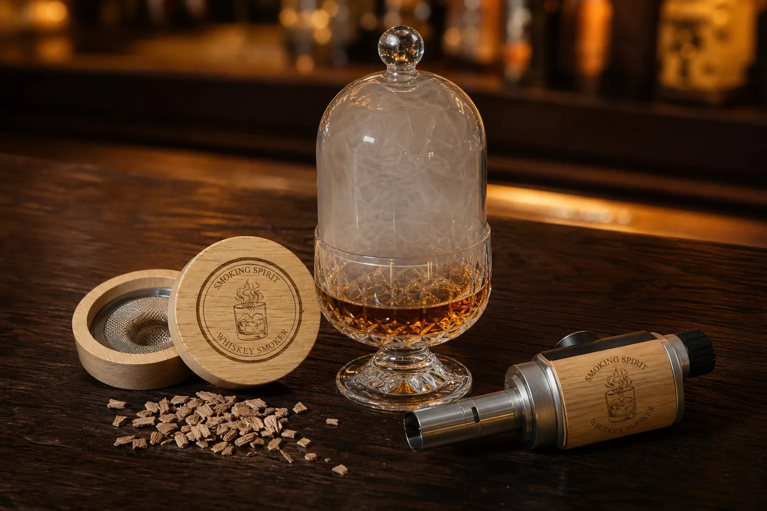 Sötét fa bárpulton egy talpas whiskeyspohár borostyánszínű itallal, mellette tölgyfaforgács és egy kis kézi füstölőpisztoly; a fotós azt a pillanatot kapja el, amikor vékony füstgomolyag ül a pohár száján lévő üvegbúra alatt.
