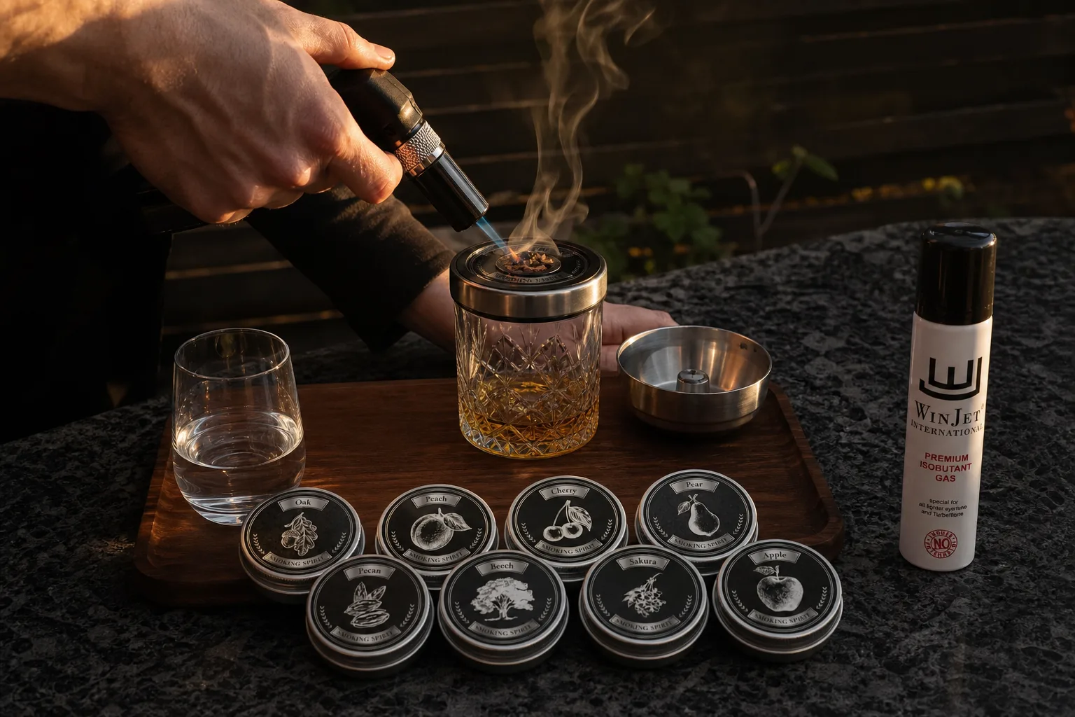 Kora esti teraszon stabil kőlapra tett fa tálca, rajta whiskeyspohár füstölőkoronggal lefedve, mellette fém hamutál, vízzel töltött pohár és szakácsfáklya; egy személy oldalról, a korláttól és növényektől távol tartva, lefelé irányított lánggal meggyújtja a korongban lévő faforgácsot, miközben a másik keze távolabb tartja a tálcát.