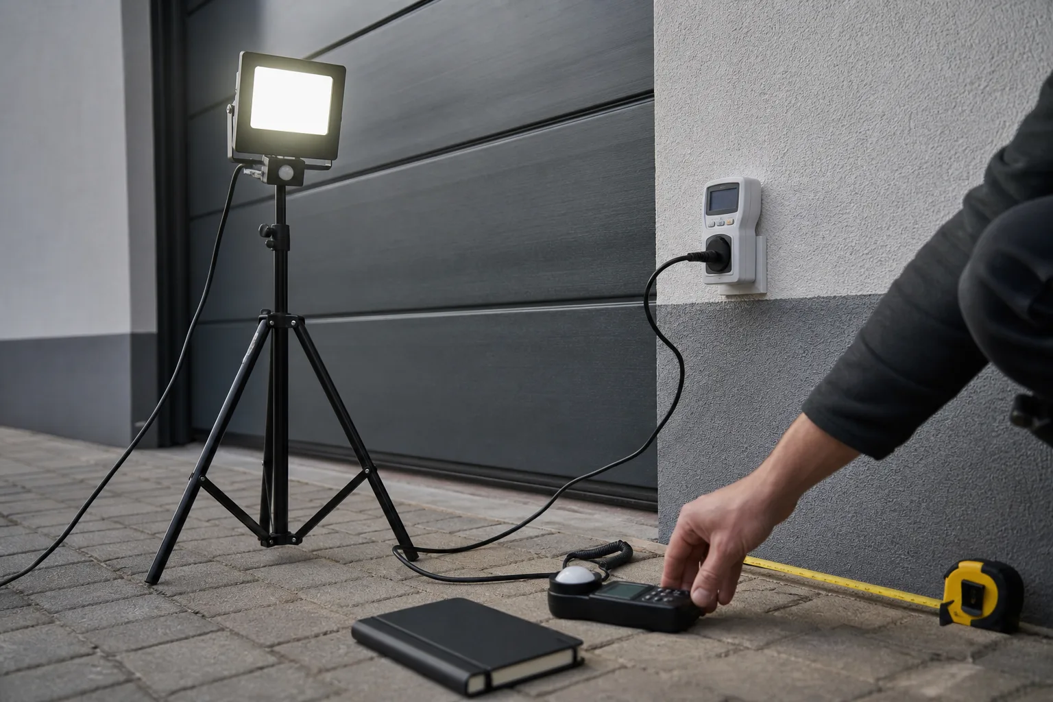 Garázsbejárat előtt állványra rögzített LED reflektor világít, előtte a talajon luxmérő, a konnektornál fogyasztásmérő, a fal mellett kihúzott mérőszalag és egy jegyzetfüzet felirat nélkül; egy kéz a mérőeszközöket igazítja.