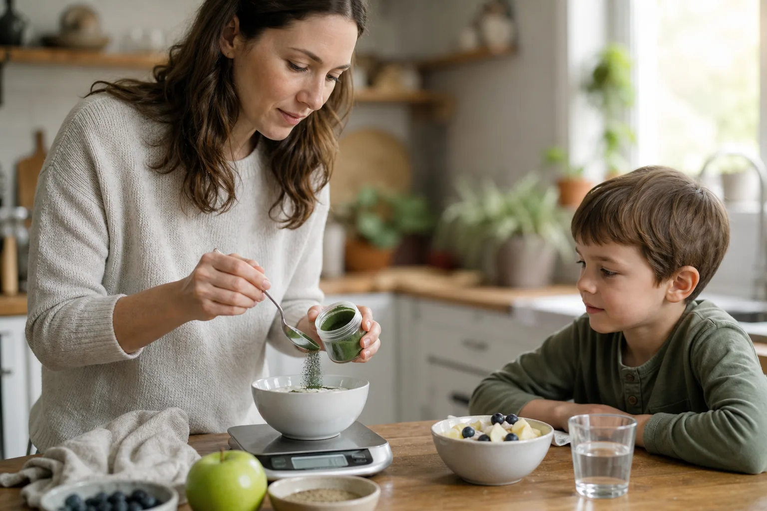 Reggeli otthoni konyhában egy szülő digitális konyhai mérlegen kimért, nagyon kis adag spirulina port szór egy natúr joghurtos tálba; a gyerek az asztalnál ül, előtte gyümölcsdarabokkal díszített kis tál és egy pohár víz.